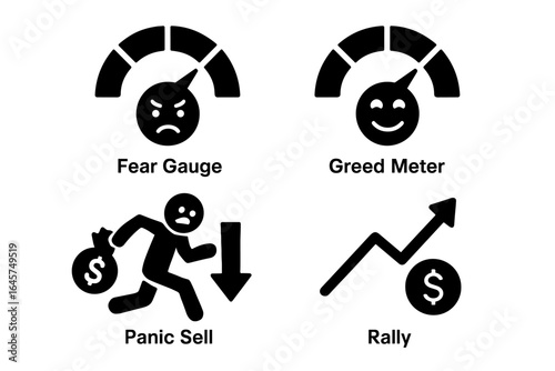 Market sentiment icons set – financial trends, investor emotions, stock market analysis, simple line style