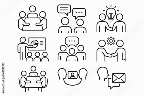 Teamwork collaboration icons set – business teamwork, group communication, project management, simple line style