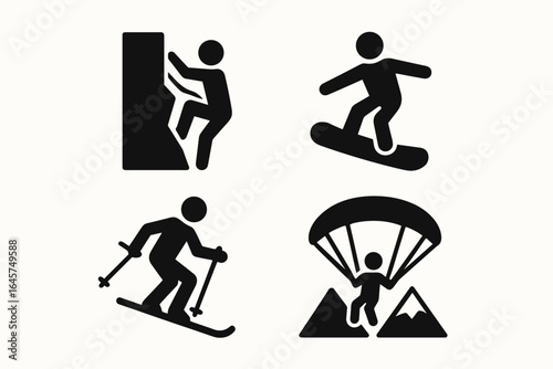 Mountain sports icons set – outdoor adventure, alpine activities, extreme sports, simple line style