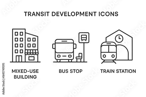 Transit zone icons set – airport transfer, travel connections, transportation hubs, simple line style