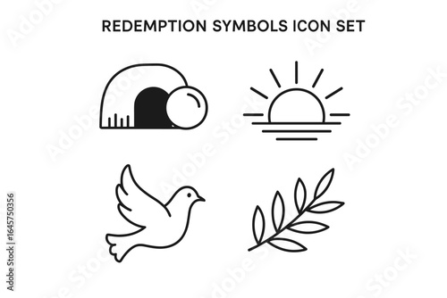 Redemption symbols icons set – spiritual renewal, faith, forgiveness, salvation, simple line style