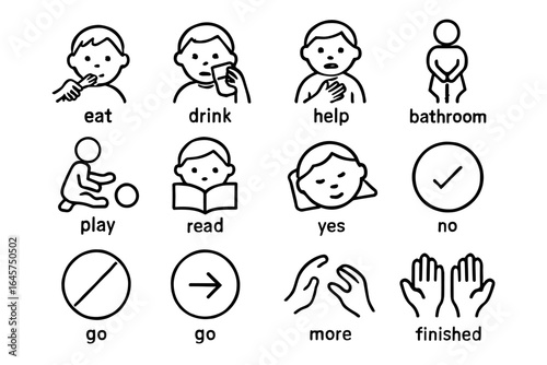 Simple line icons illustrating basic actions and commands for kids
