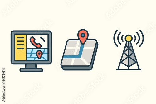 Dispatch center icons set – logistics management, transportation control, delivery operations, simple line style