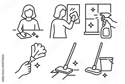 Home cleaning icons set – housekeeping tools, hygiene supplies, domestic chores, simple line style
