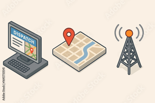 Dispatch center icons set – logistics management, transportation control, delivery operations, simple line style