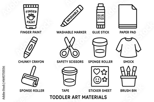 Essential art supplies for toddlers: finger paint, crayons, sponge roller, more