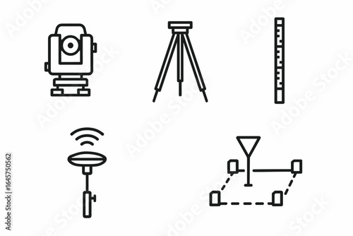Surveying equipment icons set – land measurement tools, construction instruments, mapping technology, simple line style