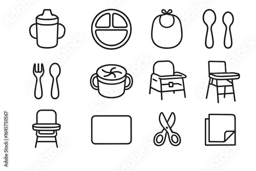 Outline icons of baby feeding essentials: sippy cups, plates, bibs, high chairs, utensils