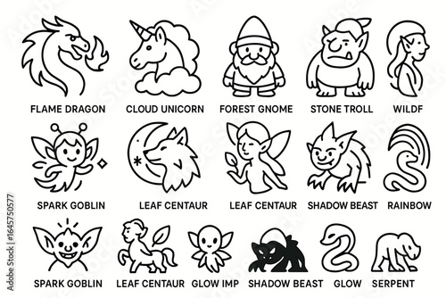 Fantasy creatures outline: dragon, unicorn, gnome, troll, fairy, centaur, serpent