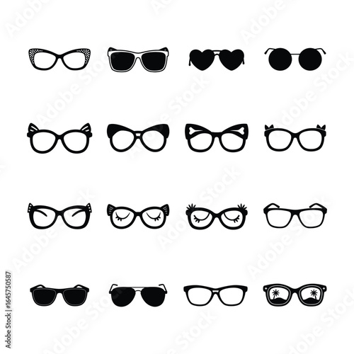 Trendy assortment of fashionable sunglass styles with artistic detail Silhouette Vector illustration
