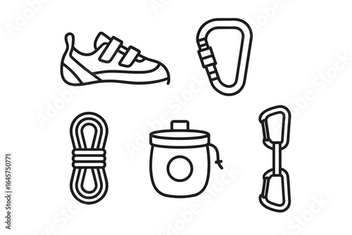 Rock climbing essentials icons set – mountaineering gear, adventure equipment, outdoor sports, simple line style