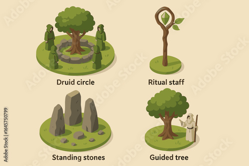 Druidic ritual icons set – ancient spirituality, nature worship, mystical symbols, simple line style