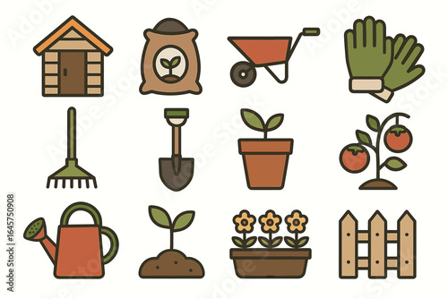 Garden tools and plants icons set: watering can, gloves, shovel, fence, sprouts
