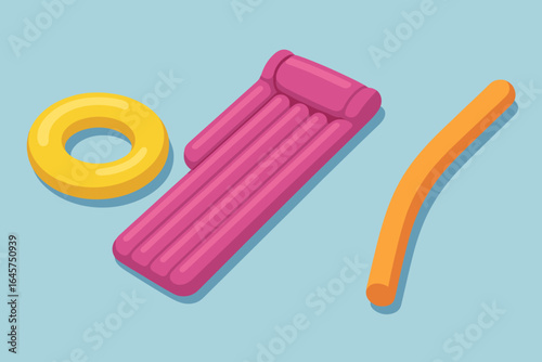 Inflatable pool accessories icons set – summer toys, floaties, water fun equipment, simple line style