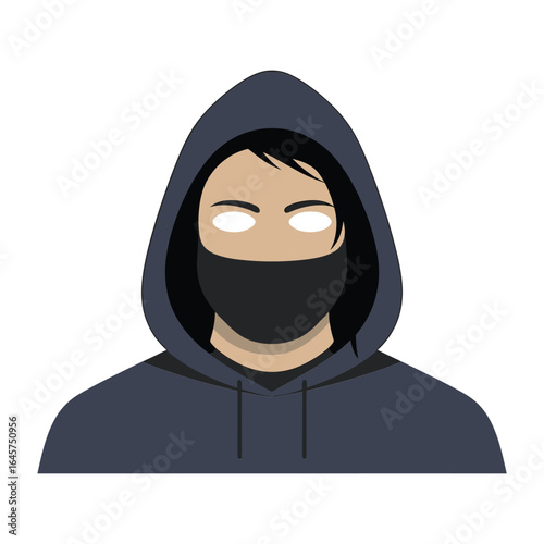 Mysterious Figure in Hoodie and Mask with Glowing Eyes Illustration
