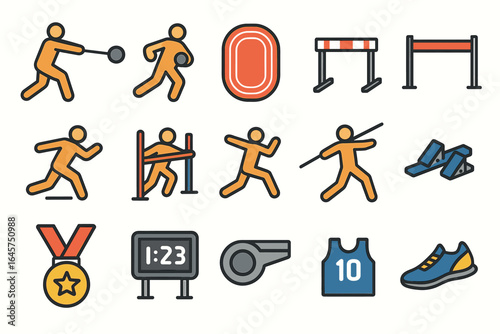 Athletics icons: track events, equipment, medals, running, throwing, jumping
