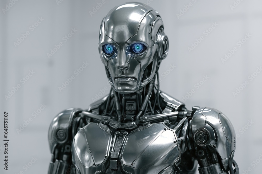 Naklejka premium A close-up of a futuristic silver robot with piercing blue eyes. Artificial intelligence merges with advanced robotic design.