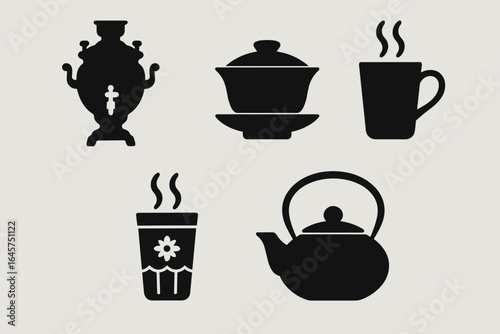 Global tea styles icons set – world tea traditions, cultural beverages, tea varieties, simple line style