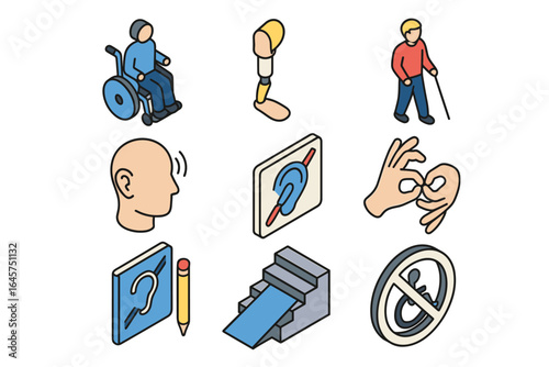 Accessibility icon set – inclusive design, disability support, assistive technology, simple line style