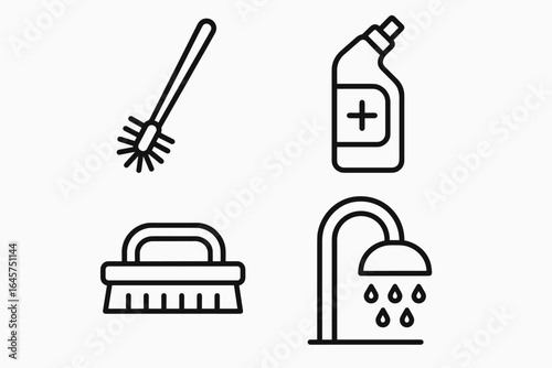 Bathroom cleaning icons set – hygiene products, household chores, sanitation tools, simple line style