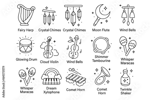 Magical musical instruments collection: harp, chimes, flute, bells, violin, tambourine, maracas, xylophone, horn, shaker