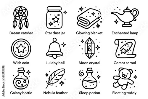 Magical objects collection with dream catcher, stardust jar, glowing blanket, enchanted lamp, wish coin, lullaby bell