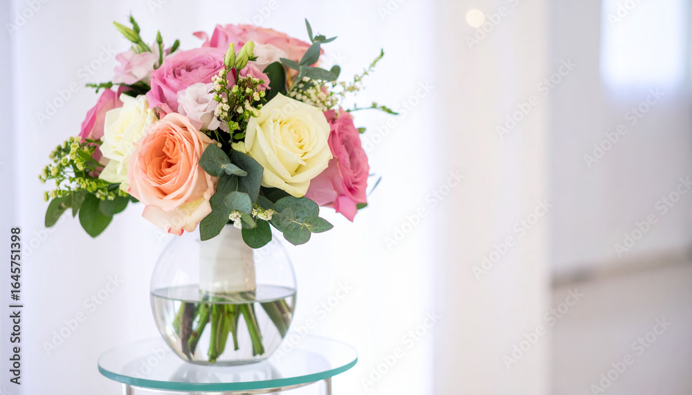Obraz premium a floral arrangement is showcased prominently in a bright setting. the arrangement is set in a clear, globe shaped vase filled with water, showcasing the stems of the flowers