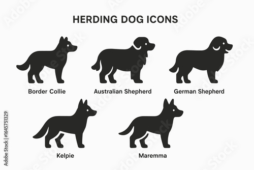 Herding dog icons set – farm animals, working breeds, livestock management, simple line style