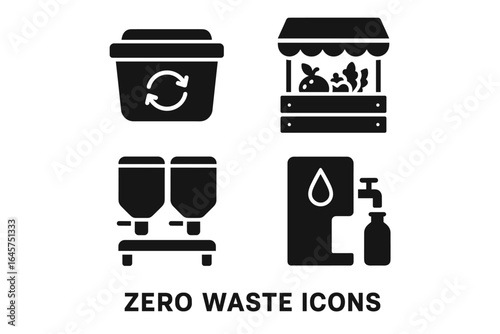 Zero waste icons set – sustainable lifestyle, eco-friendly habits, recycling and reuse, simple line style