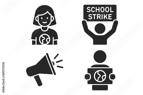 Youth climate activists icons set – environmental movement, sustainability awareness, protest and action, simple line style