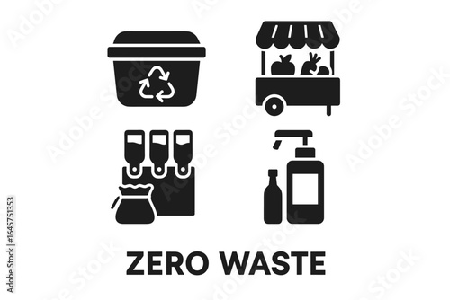 Zero waste icons set – sustainable lifestyle, eco-friendly habits, recycling and reuse, simple line style