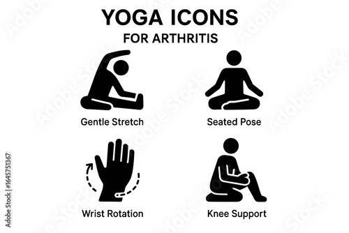 Yoga for arthritis icons set – gentle exercise, joint health, wellness therapy, simple line style