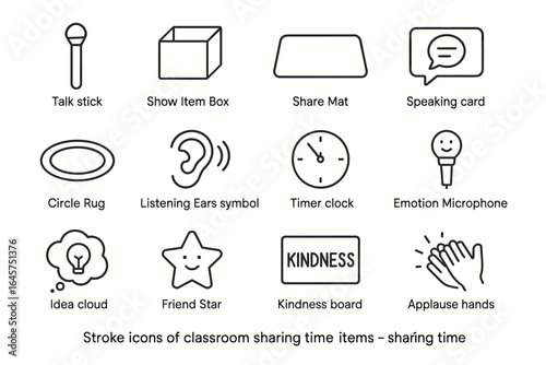 Stroke icons of classroom sharing time items: interactive educational tools
