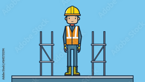 Construction worker standing on scaffolding with safety gear  