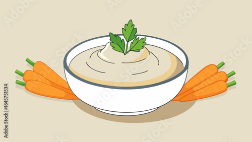 Creamy hummus served in bowl with fresh carrots on side  