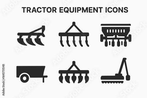 Tractor equipment icons set – farming machinery, agricultural tools, field work, simple line style