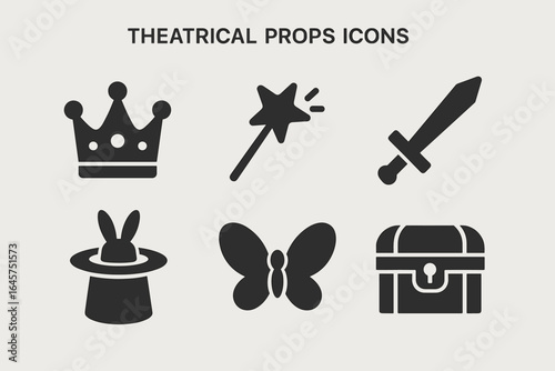 Theatrical props icons set – stage accessories, performance tools, drama symbols, simple line style