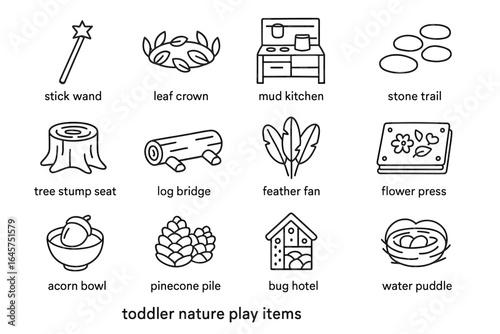Toddler nature play items: wand, mud kitchen, leaf crown, stone trail, bug hotel