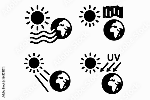 Solar-Earth interaction icons set – space energy, climate influence, orbit and radiation, simple line style