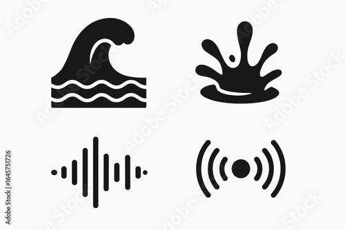 Sound and energy icons set – audio waves, power sources, vibration and electricity, simple line style