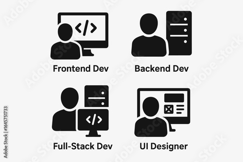 Software Roles Icons – Developer, Designer, Tester, Manager, Analyst, and Engineer Symbols in Minimal Style