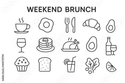 Weekend brunch icon set: breakfast foods and drinks outlined in black and white