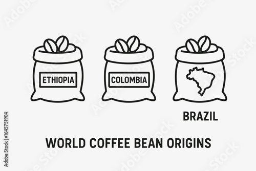 World coffee bean origins icons set – global regions, arabica and robusta varieties, coffee culture, simple line style