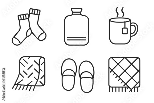 Winter comfort essentials icons set – cozy warmth, seasonal relaxation, hygge lifestyle, simple line style