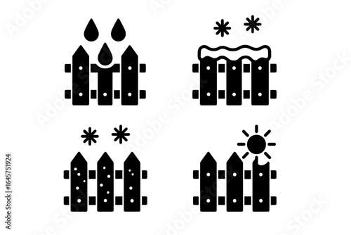 Weather protection fence icons set – rain, snow, frost, sun symbols, outdoor barrier, seasonal durability