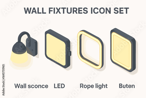 Isometric wall fixtures icons set – interior elements, mounted decor, lighting and shelves, 3D style