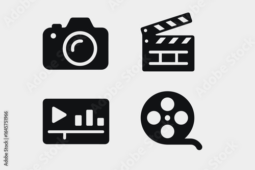 Video production tools icons set – filmmaking equipment, editing, recording gear, simple line style