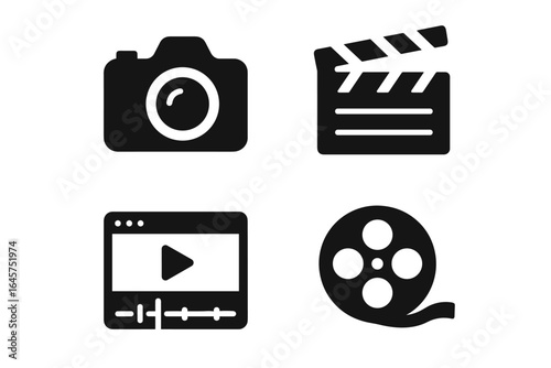 Video production tools icons set – filmmaking equipment, editing, recording gear, simple line style