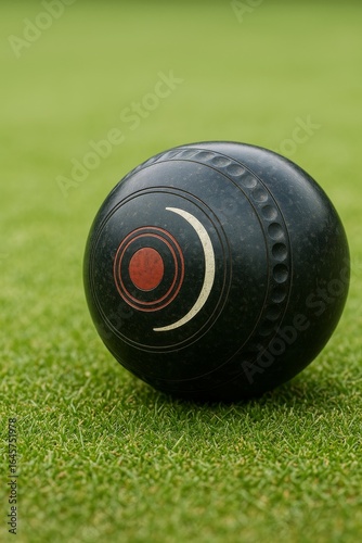 A close-up shot of a lawn bowling ball resting on vibrant green grass. This image captures the essence of classic outdoor sports.