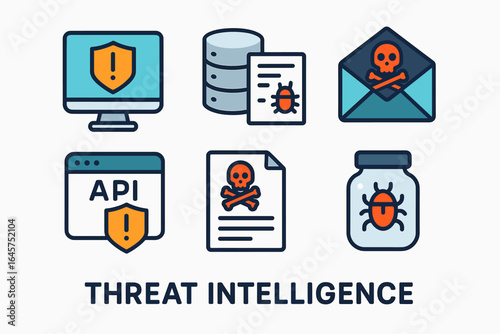 Threat intelligence icons set – cybersecurity, digital defense, risk management, simple line style